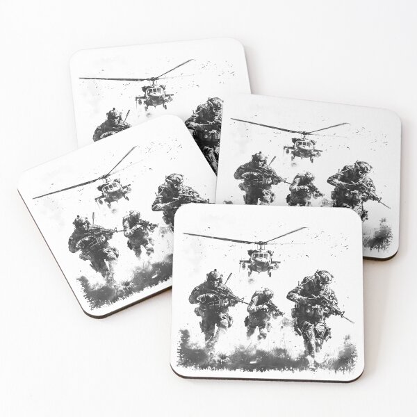 Item preview, Black and White Military Action Scene With Helicopter – Tactical Squad Illustration designed and sold by inkoutninja.