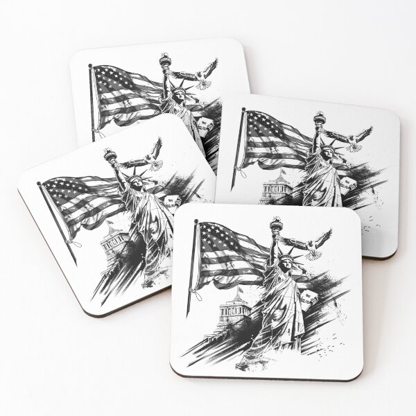 Item preview, Statue of Liberty With American Flag and Eagle – Black and White Patriotic Illustration designed and sold by inkoutninja.