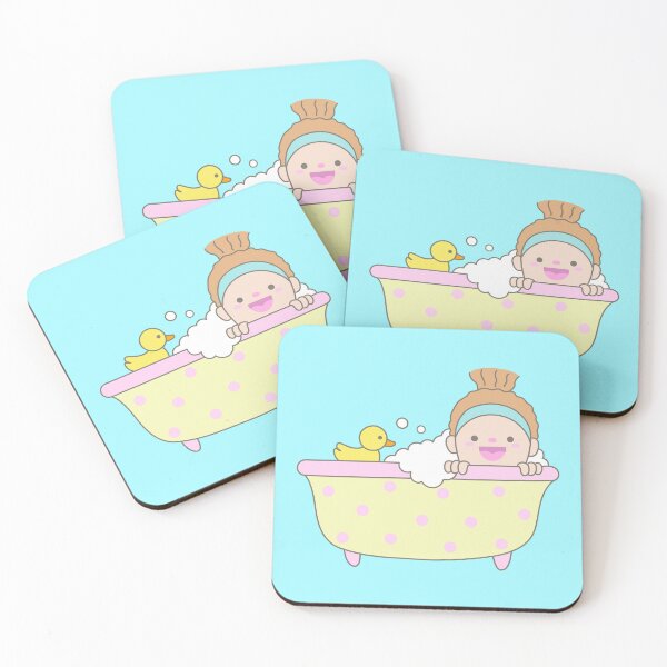 Item preview, Cute Woman in Headband Relaxing in Polka Dot Bathtub with Soap Bubbles and Yellow Rubber Duck Lifestyle designed and sold by nuchz.