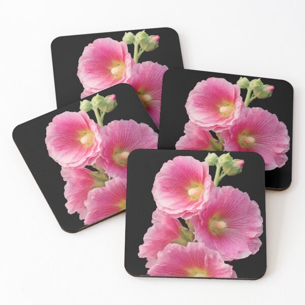 Item preview, Vibrant Pink Hollyhock Flowers on Black Background – Dramatic Botanical Fine Art Print designed and sold by Mindrender.