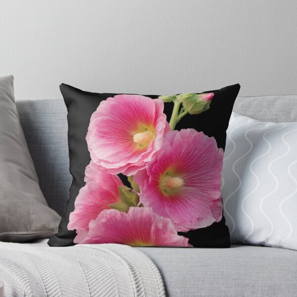 Item preview, Vibrant Pink Hollyhock Flowers on Black Background – Dramatic Botanical Fine Art Print designed and sold by Mindrender.