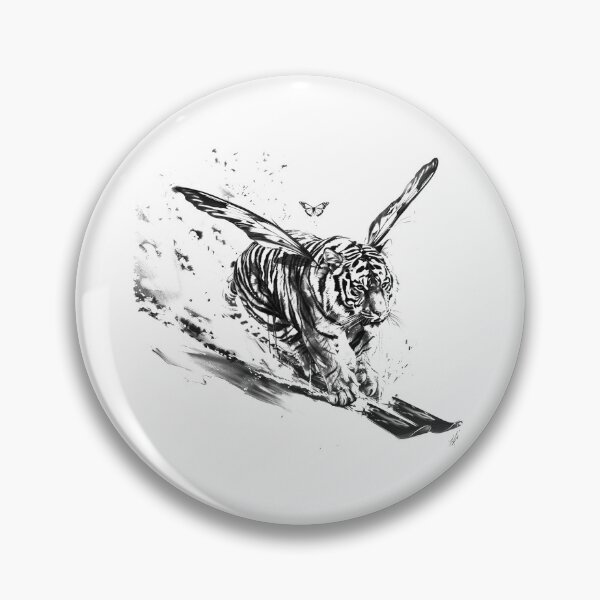 Item preview, Winged Tiger With Butterfly – Black and White Surreal Fantasy Illustration designed and sold by inkoutninja.