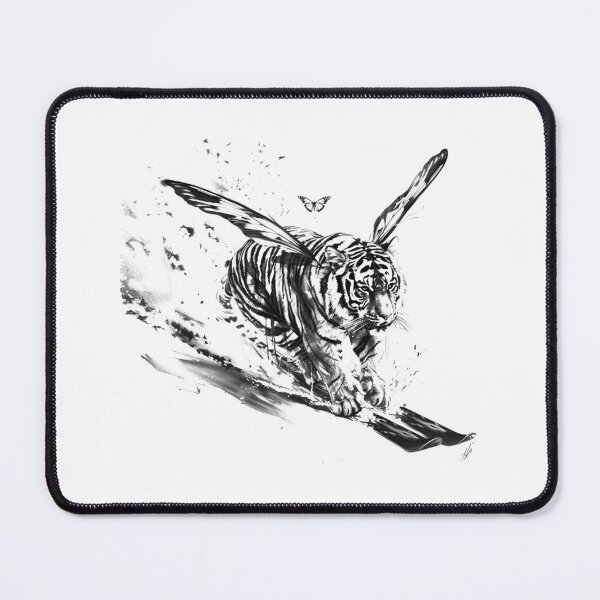 Item preview, Winged Tiger With Butterfly – Black and White Surreal Fantasy Illustration designed and sold by inkoutninja.