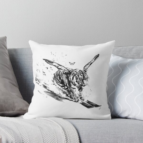 Item preview, Winged Tiger With Butterfly – Black and White Surreal Fantasy Illustration designed and sold by inkoutninja.