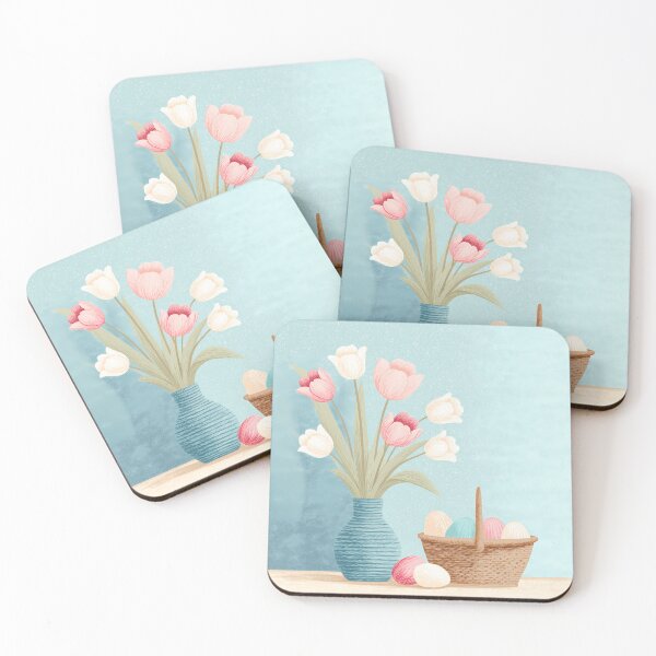 Item preview, Pastel Tulips in Vase with Easter Eggs Basket – Spring Illustration designed and sold by BobaBunny76.