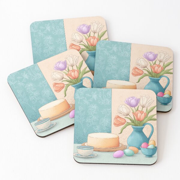 Item preview, Pastel Easter Cake with Tulips and Colorful Eggs – Spring Table Illustration designed and sold by BobaBunny76.