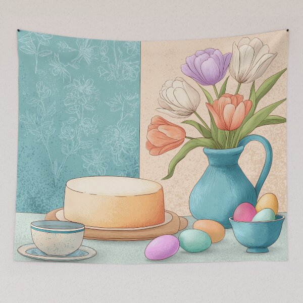 Item preview, Pastel Easter Cake with Tulips and Colorful Eggs – Spring Table Illustration designed and sold by BobaBunny76.