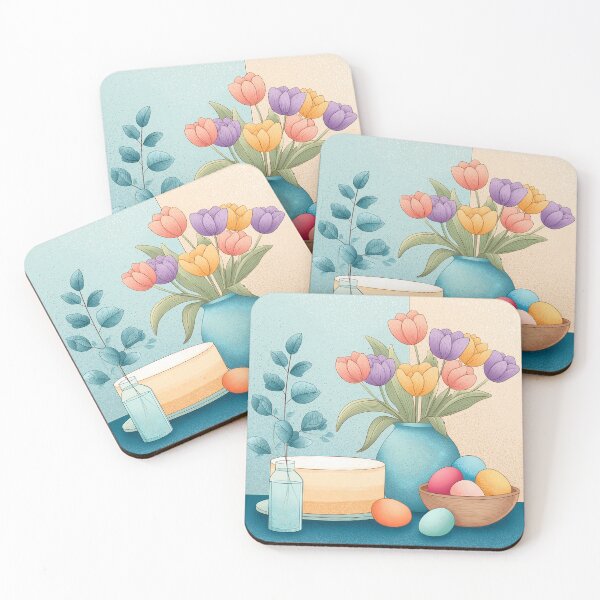 Item preview,  Pastel Easter Cake with Tulips and Colorful Eggs – Spring Table Illustration designed and sold by BobaBunny76.