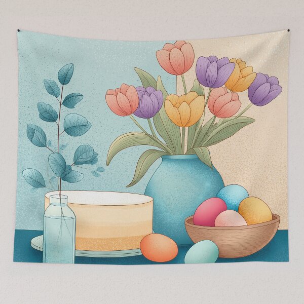 Item preview,  Pastel Easter Cake with Tulips and Colorful Eggs – Spring Table Illustration designed and sold by BobaBunny76.