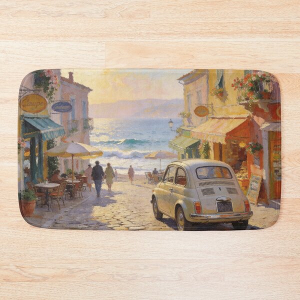 Item preview, Beautiful Seaside Town Street Art, Impressionism Style with Classic Car Print designed and sold by BlareBlare.