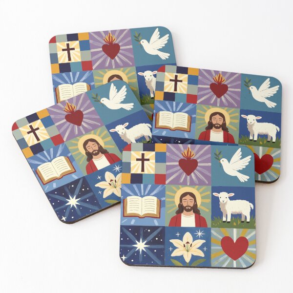 Item preview, Christian Seamless Pattern Jesus Sacred Heart Cross Bible Dove Lamb Christian Digital Paper Religious Fabric Print Patchwork Quilt designed and sold by FRH Design ⭐⭐⭐⭐⭐.