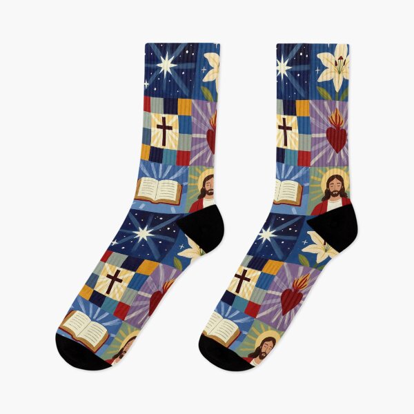 Item preview, Christian Seamless Pattern Jesus Sacred Heart Cross Bible Dove Lamb Christian Digital Paper Religious Fabric Print Patchwork Quilt designed and sold by FRH Design ⭐⭐⭐⭐⭐.