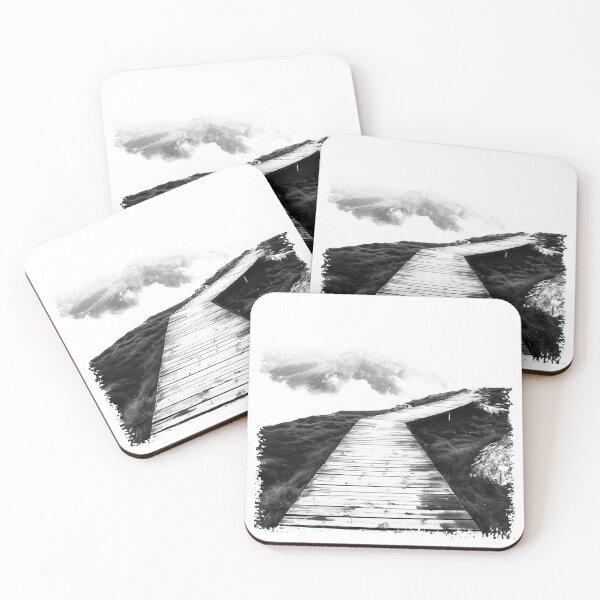 Item preview, Black and White Mountain Boardwalk – Minimalist Foggy Hiking Landscape Photo designed and sold by inkoutninja.