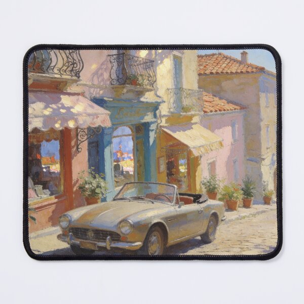 Item preview, Romantic Ocean View Street Scene, Vintage Car & Boutique Shops Artwork designed and sold by BlareBlare.