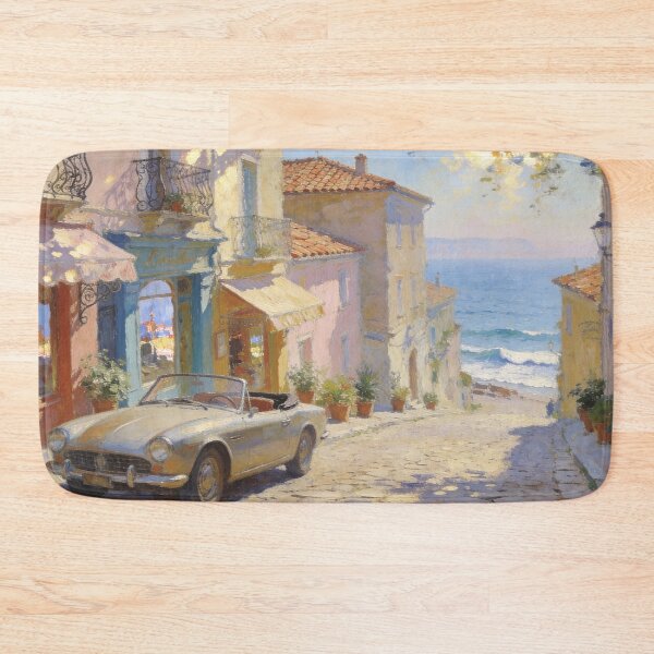 Item preview, Romantic Ocean View Street Scene, Vintage Car & Boutique Shops Artwork designed and sold by BlareBlare.