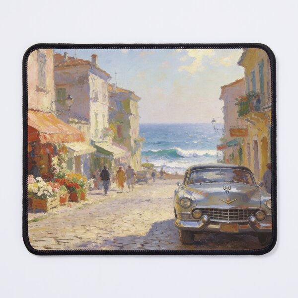 Item preview, Elegant Seaside Street Wall Art, Vintage Car and Ocean View in Impressionism Style designed and sold by BlareBlare.