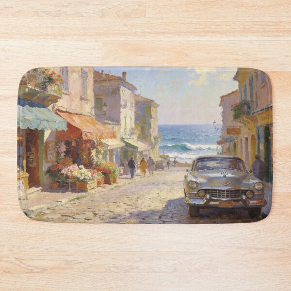Item preview, Elegant Seaside Street Wall Art, Vintage Car and Ocean View in Impressionism Style designed and sold by BlareBlare.