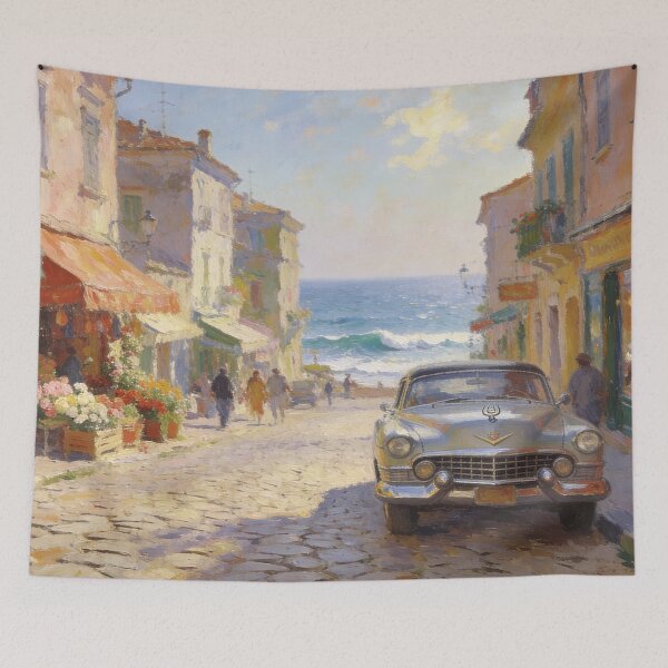 Item preview, Elegant Seaside Street Wall Art, Vintage Car and Ocean View in Impressionism Style designed and sold by BlareBlare.