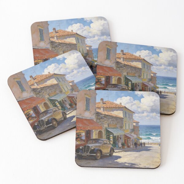 Item preview, Impressionist Coastal Street Painting, Charming Shops & Vintage Car Ocean View Wall Art designed and sold by BlareBlare.