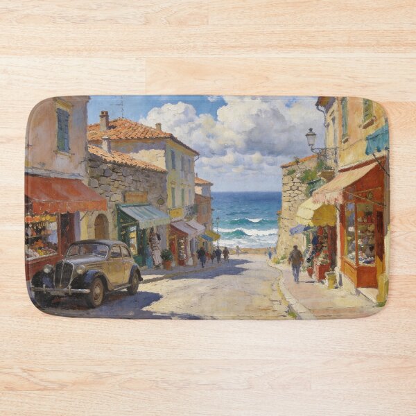 Item preview, Impressionist Coastal Street Painting, Charming Shops & Vintage Car Ocean View Wall Art designed and sold by BlareBlare.