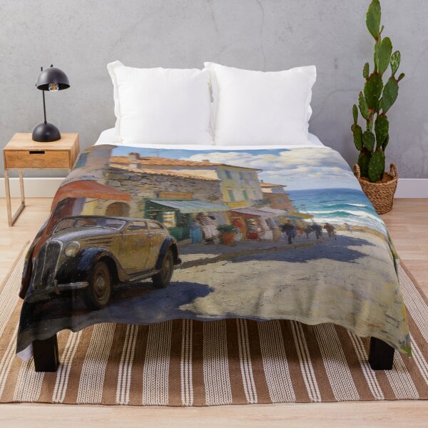 Item preview, Impressionist Coastal Street Painting, Charming Shops & Vintage Car Ocean View Wall Art designed and sold by BlareBlare.