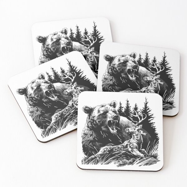 Item preview, Bear vs Deer Forest Scene – Black and White Wildlife Illustration designed and sold by inkoutninja.