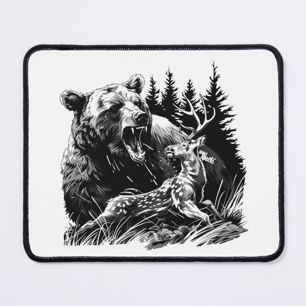 Item preview, Bear vs Deer Forest Scene – Black and White Wildlife Illustration designed and sold by inkoutninja.