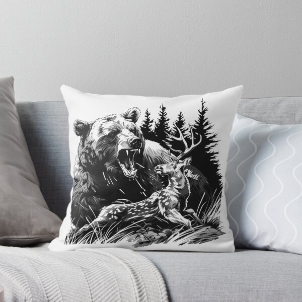 Item preview, Bear vs Deer Forest Scene – Black and White Wildlife Illustration designed and sold by inkoutninja.