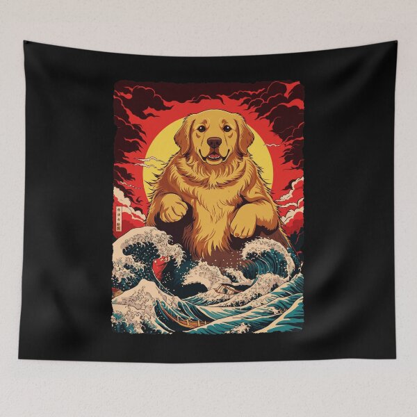 Item preview, Golden Retriever Rising Sun Wave Japanese Style Dog Illustration designed and sold by JEFDodsonArt.