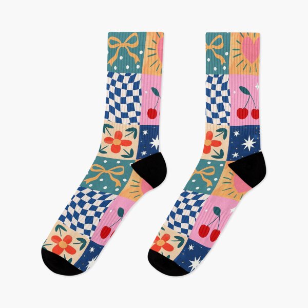 Item preview, Seamless Patchwork Quilt Pattern Retro Mid Century Scandinavian Folk Art Cherry Strawberry Floral Checkerboard Heart designed and sold by FRH Design ⭐⭐⭐⭐⭐.