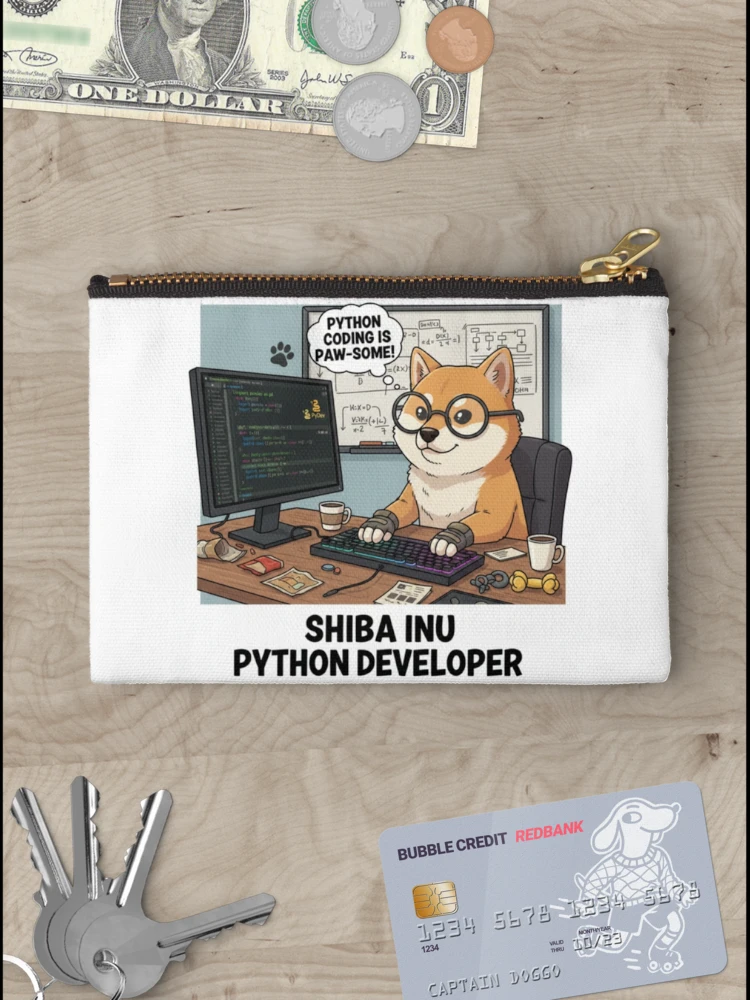 Thumbnail 3 of 4, Zipper Pouch, Shiba Inu Dog Python Programmer Coding Developer designed and sold by craftedd.