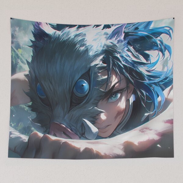 Item preview, Inosuke Hashibira Demon Slayer Boar Mask Wild Blue Eyes Action Pose designed and sold by 108Recordings.