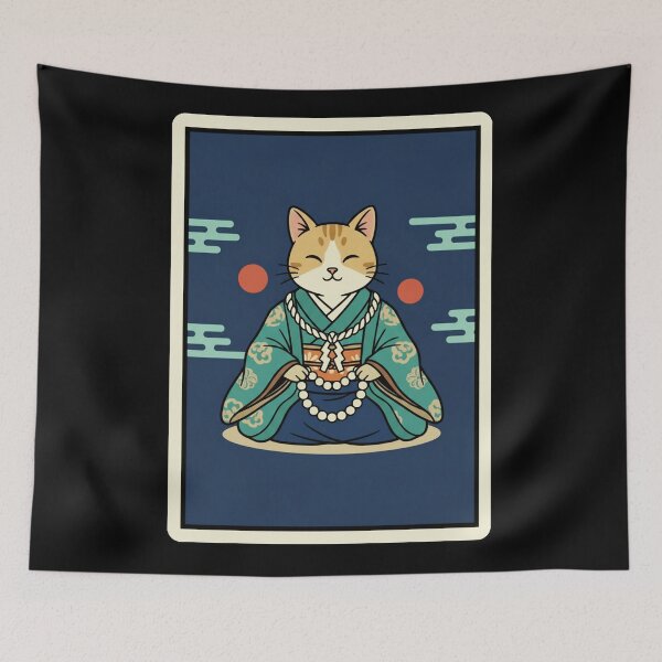 Item preview, Lucky Cat Zen Kimono Blue Japanese Calm Illustration designed and sold by JordynLadukeg65.