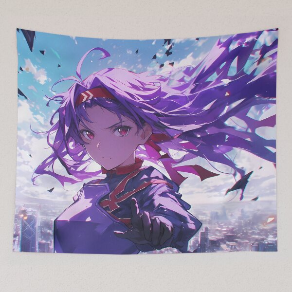 Item preview, Yuuki Sword Art Online Purple Hair Warrior Over City Skyline designed and sold by Spraykart.