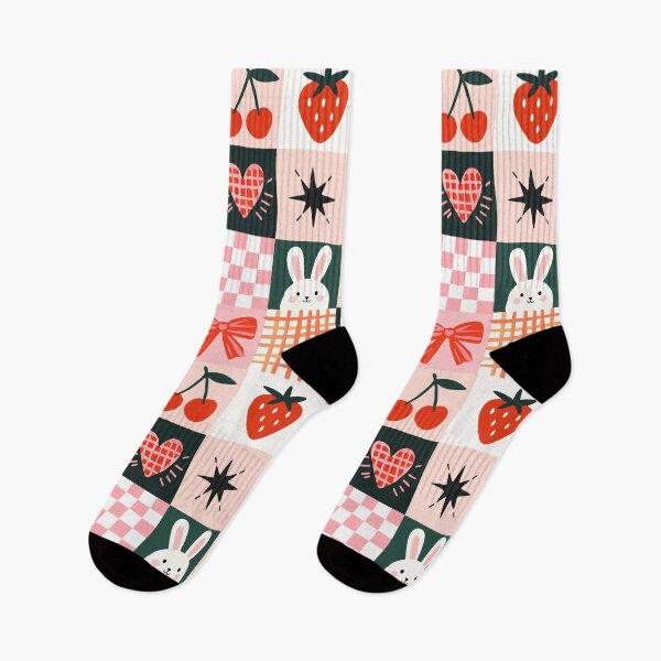 Item preview, Easter Valentine Seamless Pattern Bunny Cherry Strawberry Heart Checkerboard Bow Patchwork Spring designed and sold by FRH Design ⭐⭐⭐⭐⭐.