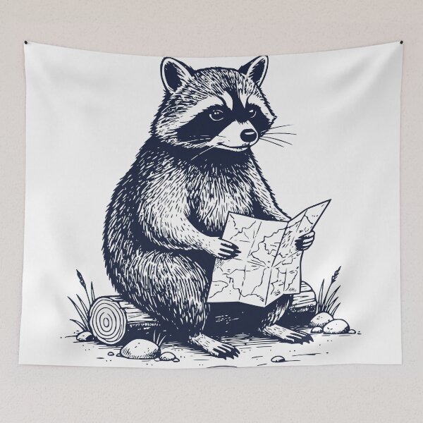 Item preview, Still Thinking It Through Raccoon – Vintage Engraved Hiking Raccoon Illustration designed and sold by TeeVerse27.