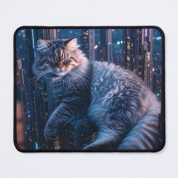 Item preview, Giant Fluffy Cat Sleeping on Cyberpunk City Skyscrapers designed and sold by Jaani-T.