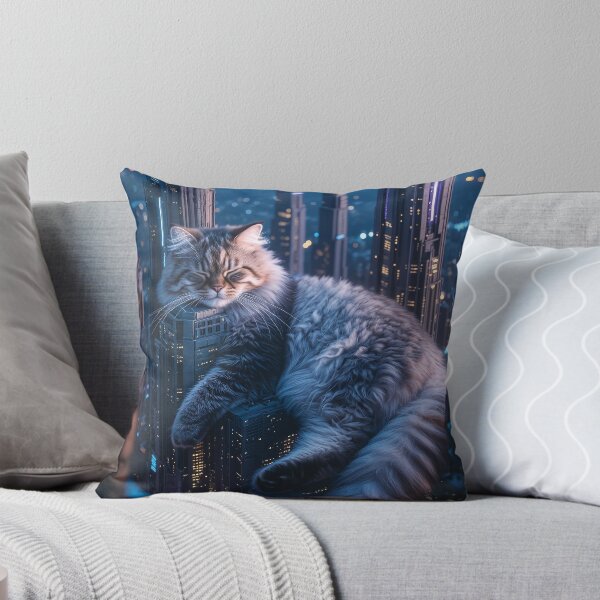 Item preview, Giant Fluffy Cat Sleeping on Cyberpunk City Skyscrapers designed and sold by Jaani-T.