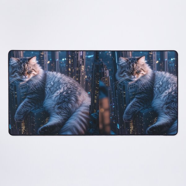 Item preview, Giant Fluffy Cat Sleeping on Cyberpunk City Skyscrapers designed and sold by Jaani-T.