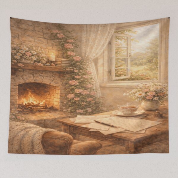 Item preview, Blooming Cottage Fireplace – Rose Garden Letters Victorian Cottagecore Art designed and sold by ArtFreshStudio.