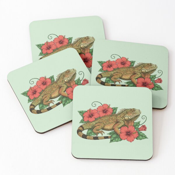 Item preview, Green Iguana and Red Hibiscus Tropical Illustration designed and sold by BirdsnStuff.