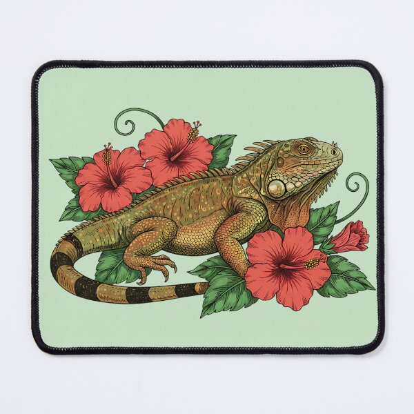 Item preview, Green Iguana and Red Hibiscus Tropical Illustration designed and sold by BirdsnStuff.