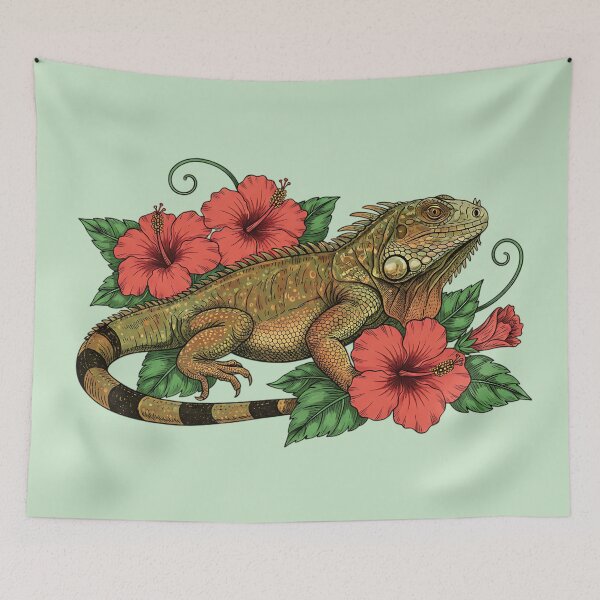 Item preview, Green Iguana and Red Hibiscus Tropical Illustration designed and sold by BirdsnStuff.