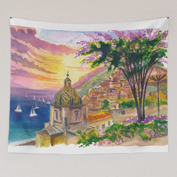 Item preview, Positano Amalfi Sunset Travel Art with Coast and Boats designed and sold by artshop77.