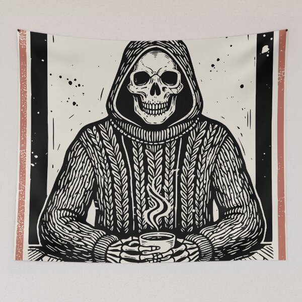Item preview, Cozy Grim Reaper Drinking Coffee - Funny Skeleton in Sweater designed and sold by Cipher & Soul.