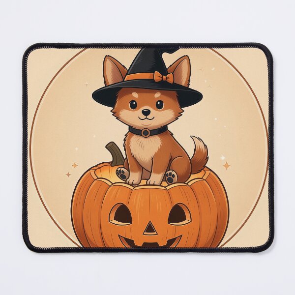 Item preview, Cute Halloween Puppy on Pumpkin – Kawaii Witch Dog Jack O Lantern Badge designed and sold by Furfolkz.