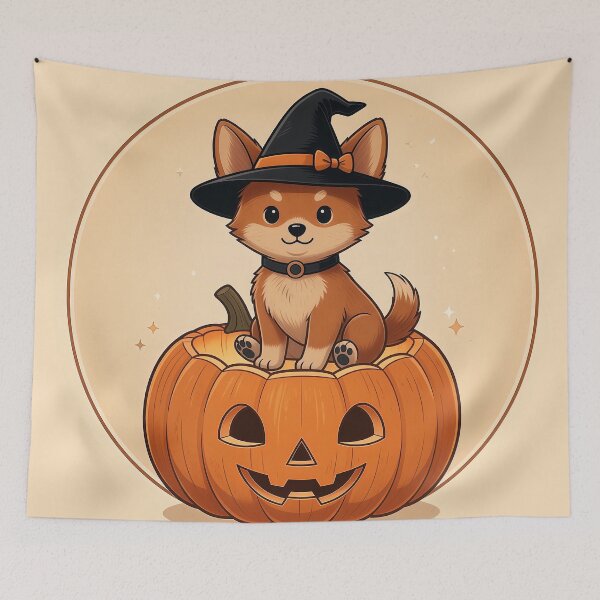 Item preview, Cute Halloween Puppy on Pumpkin – Kawaii Witch Dog Jack O Lantern Badge designed and sold by Furfolkz.