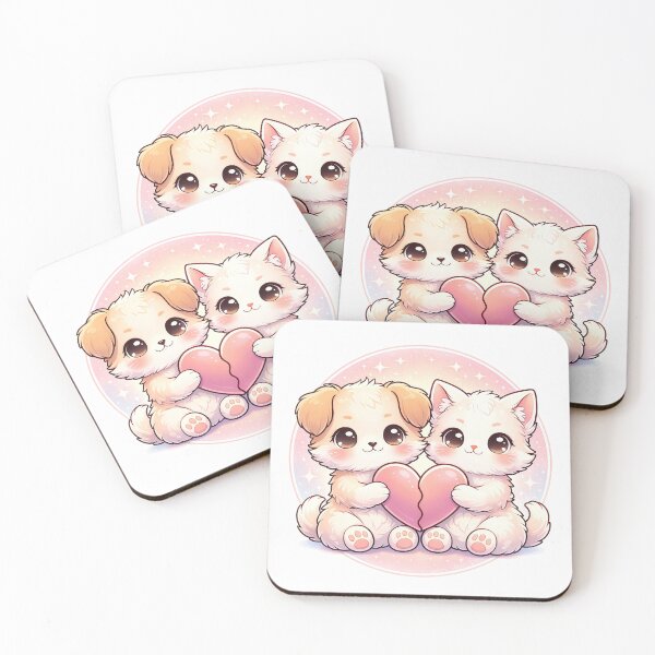 Item preview, Cute Puppy & Kitten Holding Heart – Kawaii Best Friends Love Illustration designed and sold by Furfolkz.
