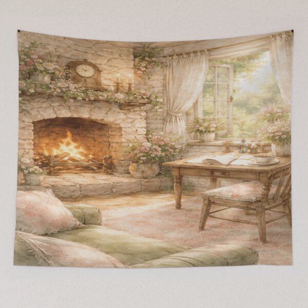Item preview, Blooming Cottage Fireplace – Cozy Reading Corner Victorian Cottagecore Art designed and sold by ArtFreshStudio.