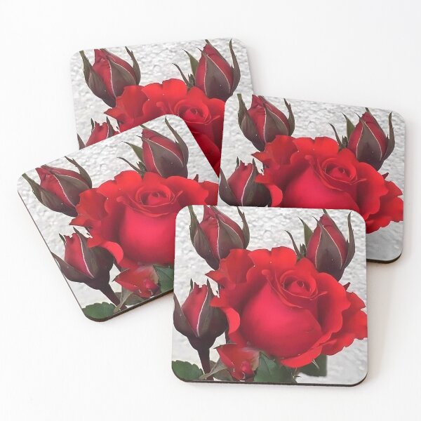 Item preview, Vibrant Red Rose Bloom with Fresh Buds Against White Textured Background designed and sold by Dreamy Armine Art.